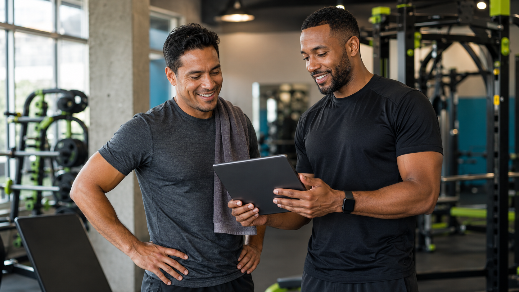 Personal trainer supporting a client during a workout