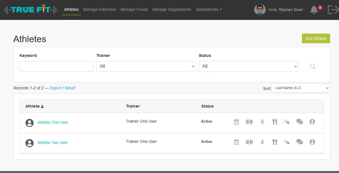 True Fit trainer dashboard showing demonstration client-management records