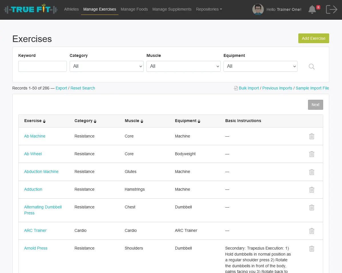 True Fit exercise-management screen with category, muscle, and equipment filters