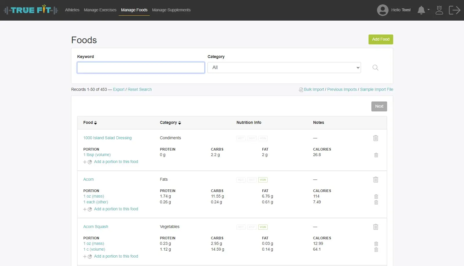 True Fit food-management screen showing nutrition information and dietary labels