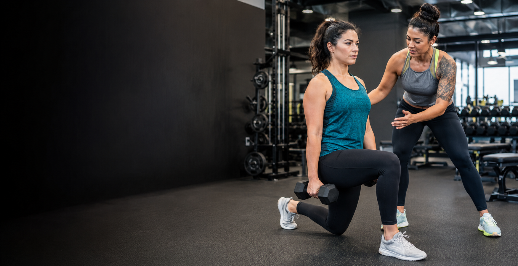 Trainer guiding a client during a strength workout