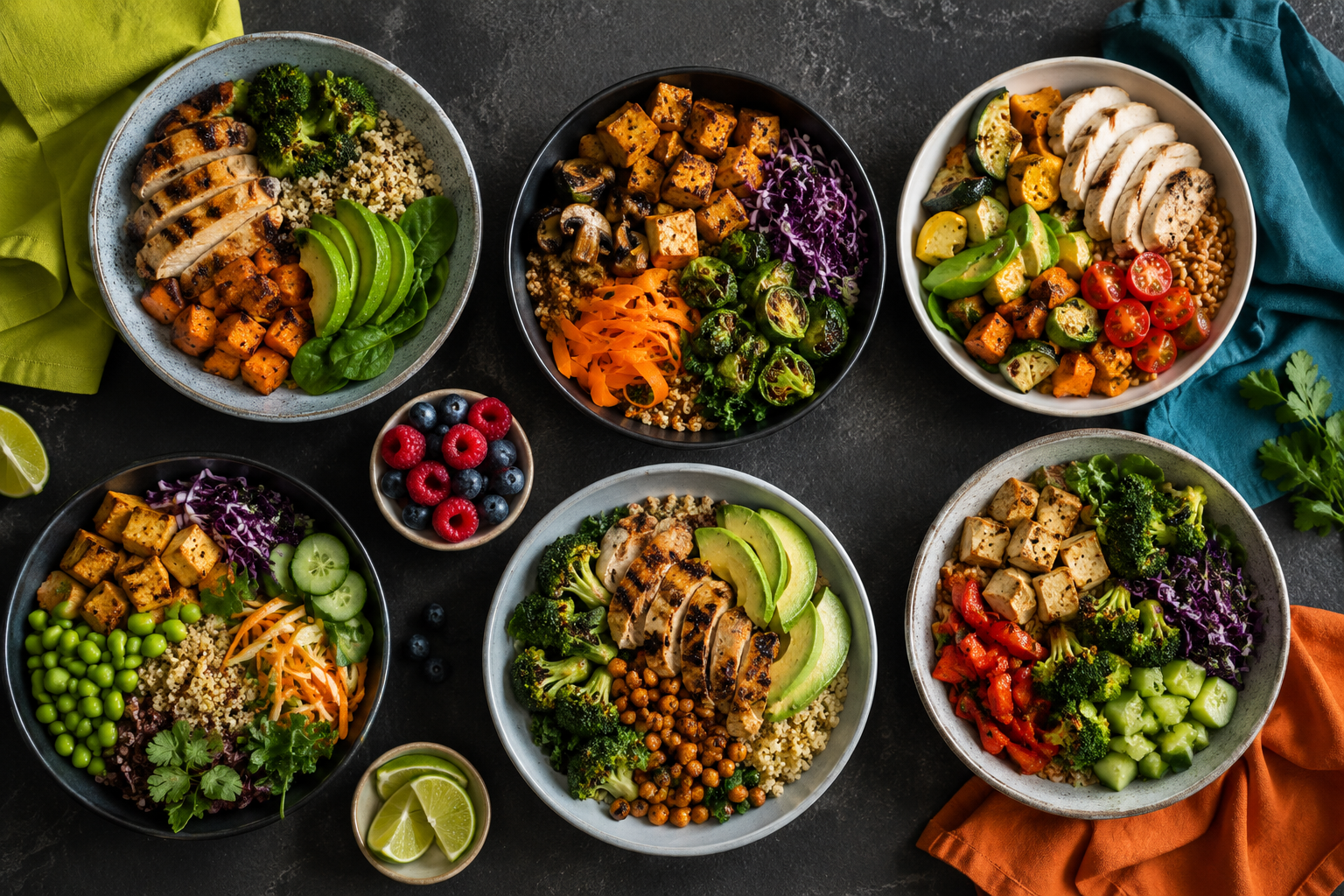 Colorful balanced meal bowls