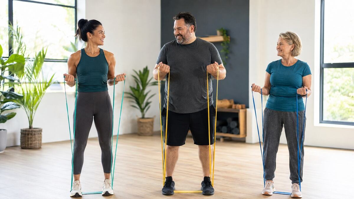 Adults with different body types participating in an approachable fitness session