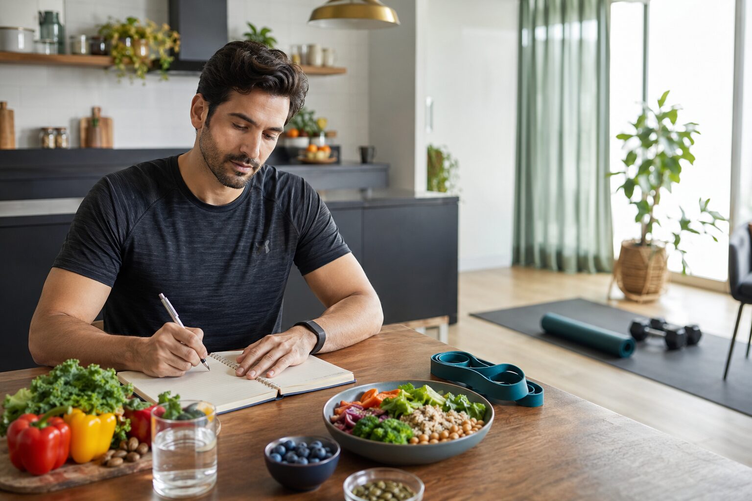 A man planning balanced nutrition and exercise at home using a notebook