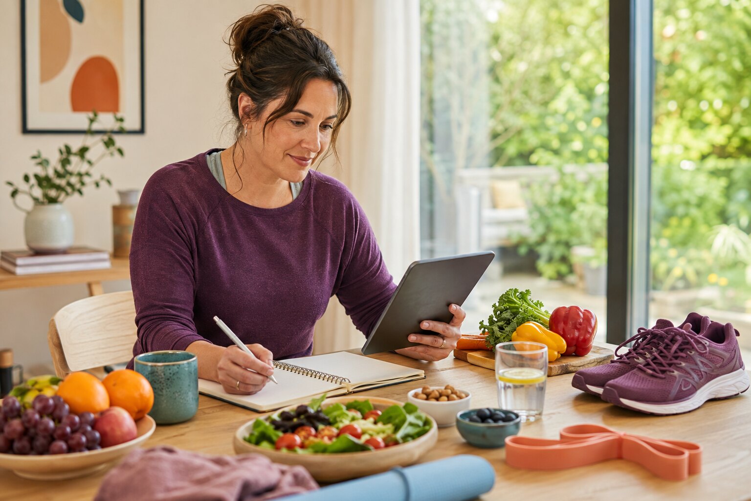 A woman planning balanced meals and physical activity with a tablet, notebook, whole foods, walking shoes, and resistance band