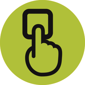 Green circular icon of a hand pushing a button