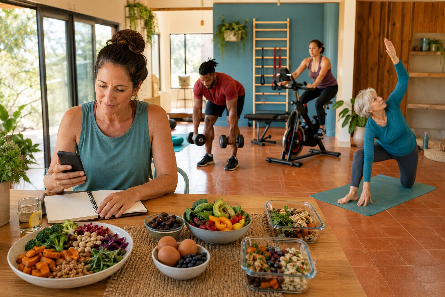 An adult woman reviewing her next steps beside colorful balanced foods while adults independently perform dumbbell, cycling, and mobility exercises