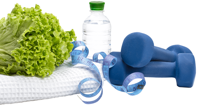 Lettuce, a white towel, a bottle of water, measuring tape, and blue dumb bells are grouped together