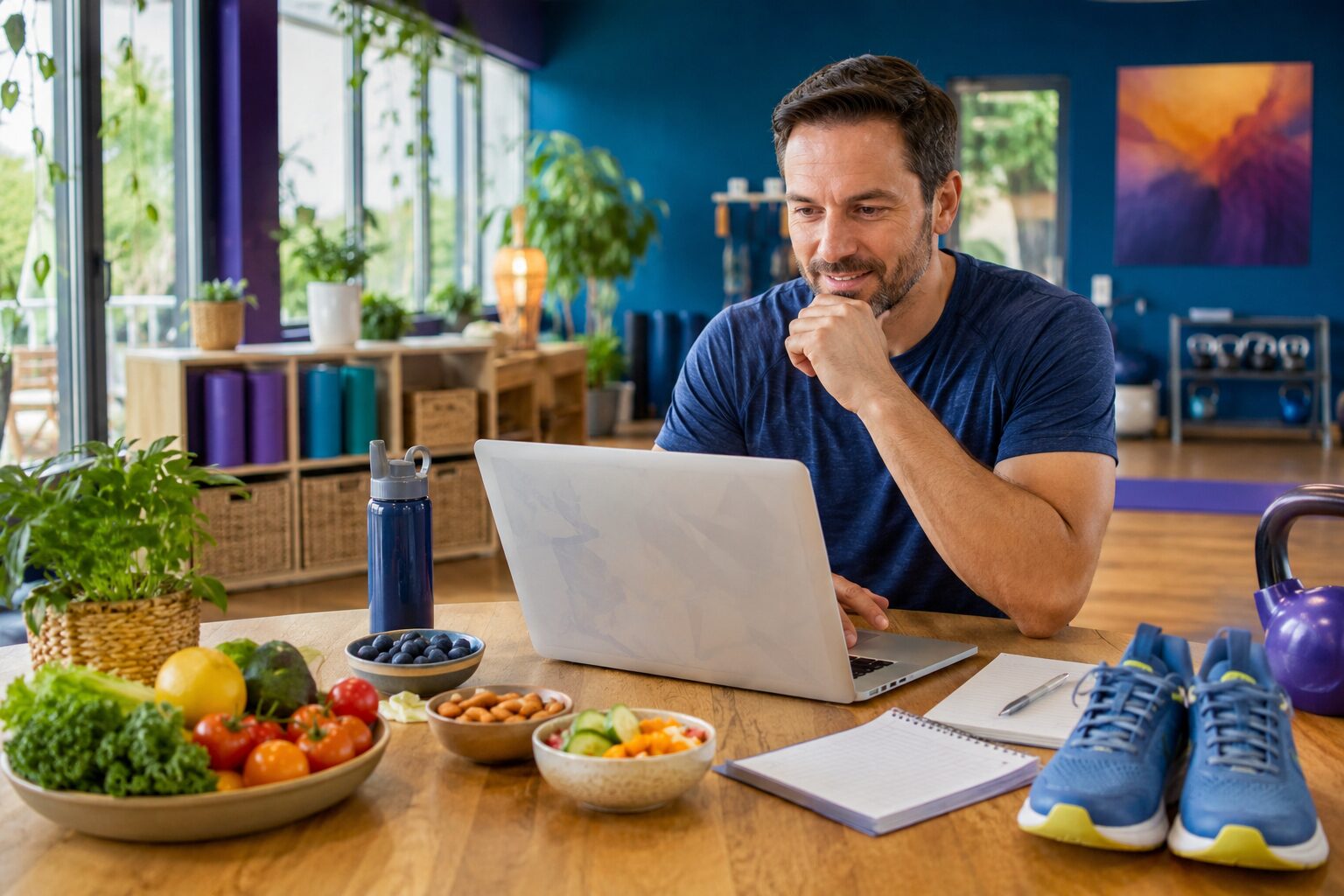 A man reviewing nutrition and exercise planning information on a laptop in a colorful fitness studio