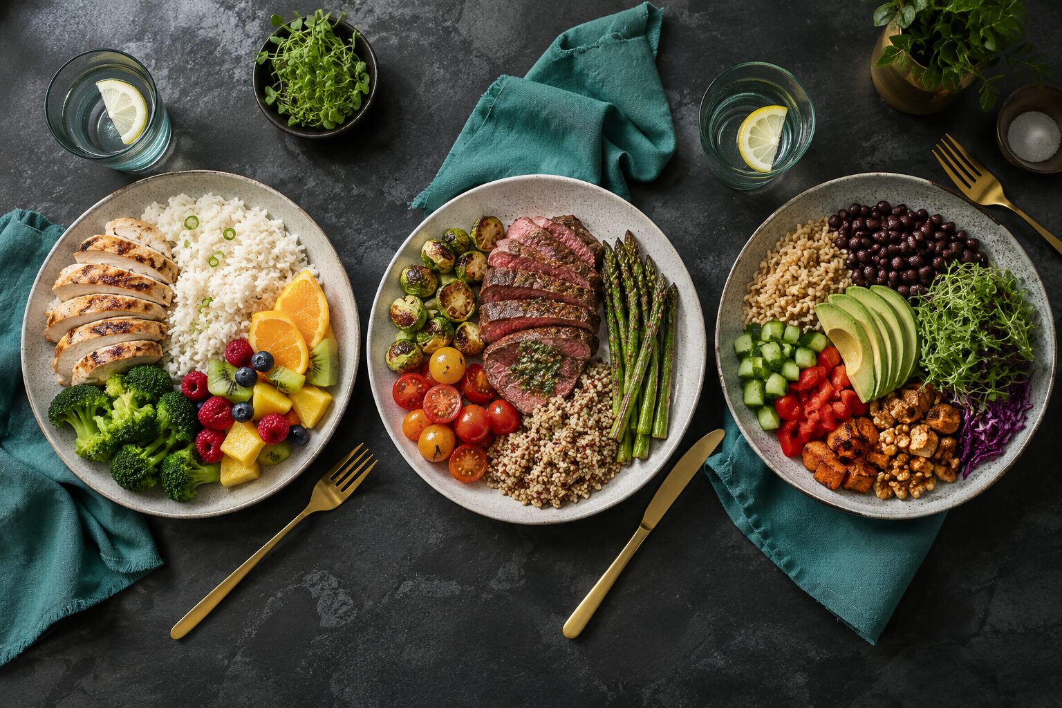 Three different balanced meals with varied portions of protein, carbohydrates, fats, fruits, and vegetables