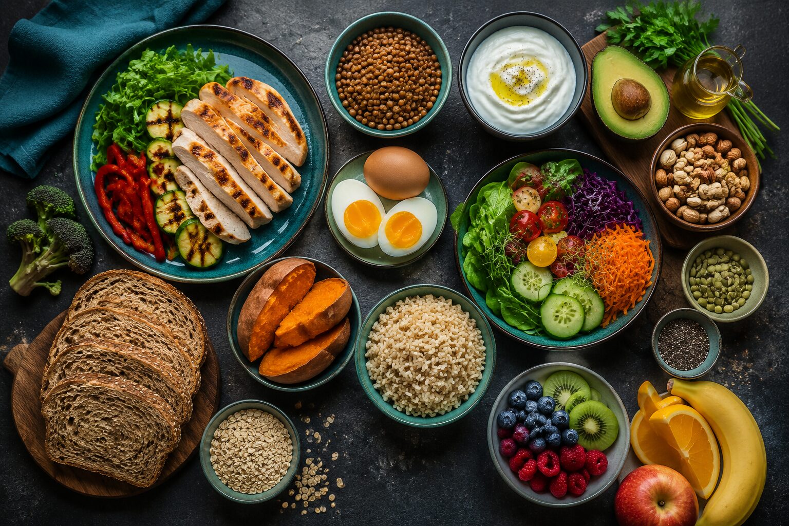 A balanced spread of foods containing protein, carbohydrates, dietary fats, fruits, and vegetables