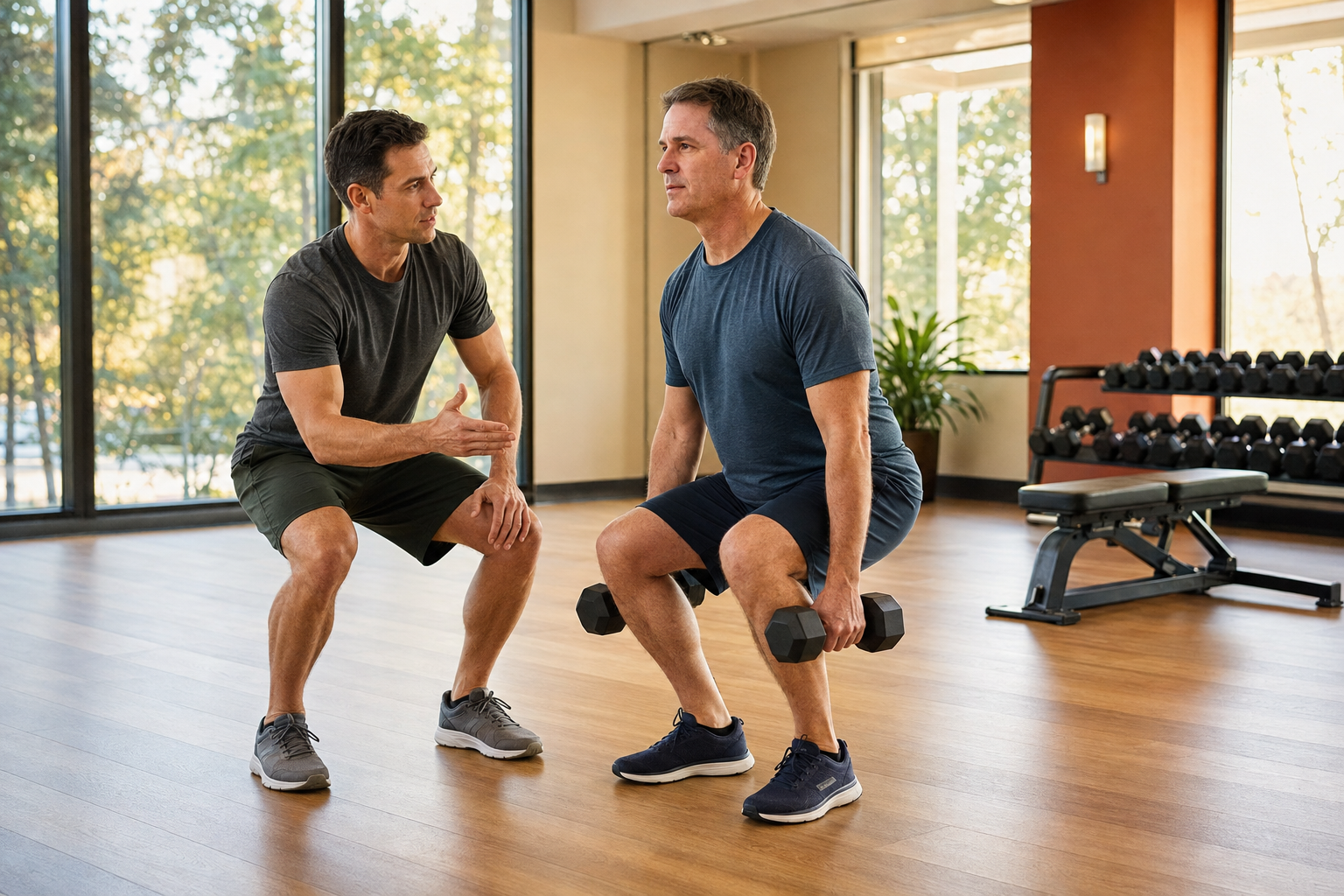 A male personal trainer coaching a male client through a controlled squat while the client holds two dumbbells