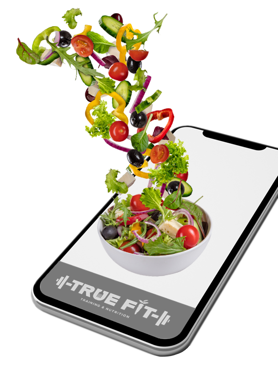 True Fit Training and Nutrition promotional photo of salad coming out of a phone