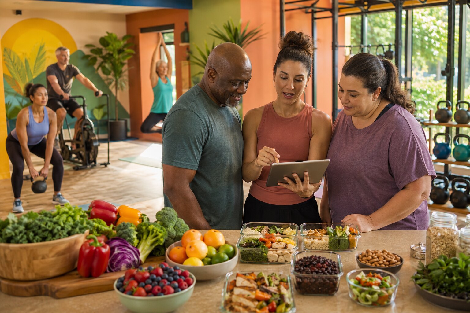 A personal trainer and two clients reviewing a plan beside colorful healthy foods while adults cycle, lift a kettlebell, and practice mobility in the background